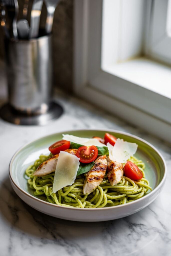 Chicken pesto pasta bowl with cherry tomatoes and parmesan in a white bowl