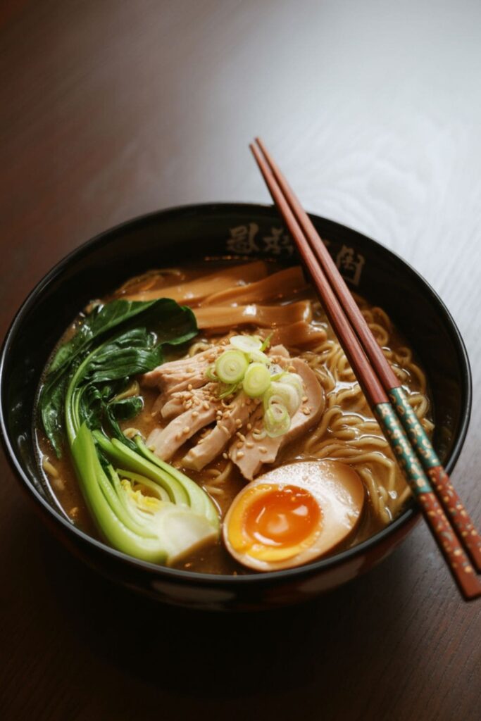 Chicken ramen bowl with noodles, bok choy, green onions, and a soft-boiled egg in broth