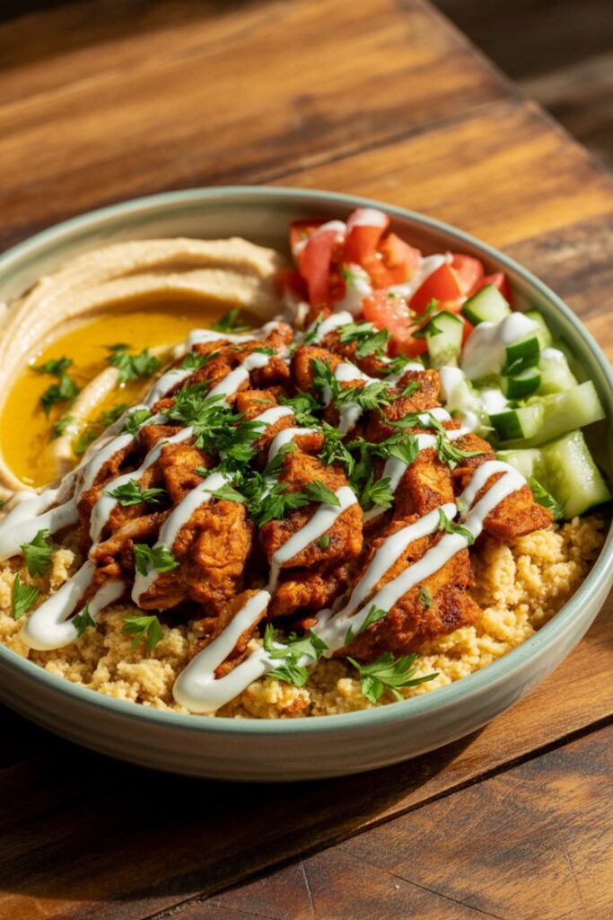 Chicken shawarma bowl with couscous, hummus, diced vegetables, and garlic sauce
