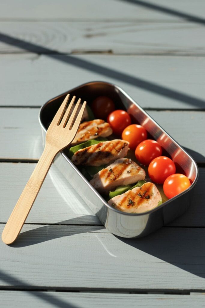 Chicken skewers with cherry tomatoes packed in a bento-style lunchbox