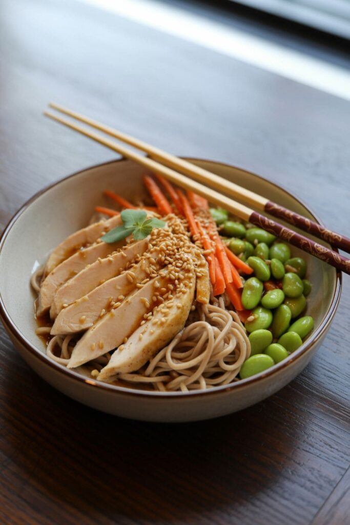 Chicken soba noodle bowl with carrots, edamame, and sesame seeds