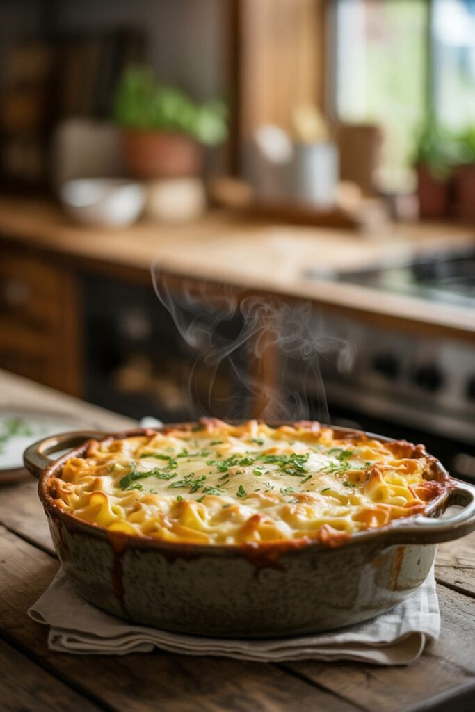 Chicken tetrazzini casserole with creamy pasta, peas, breadcrumbs, and melted cheese