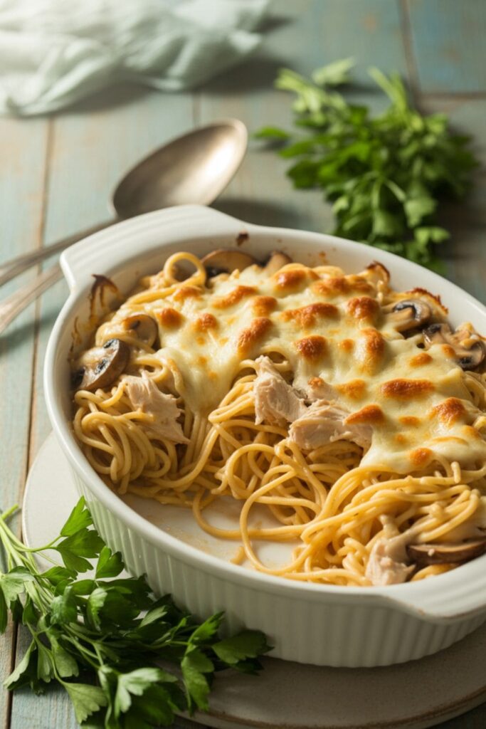 Chicken tetrazzini casserole with mushrooms, creamy sauce, and melted cheese on top