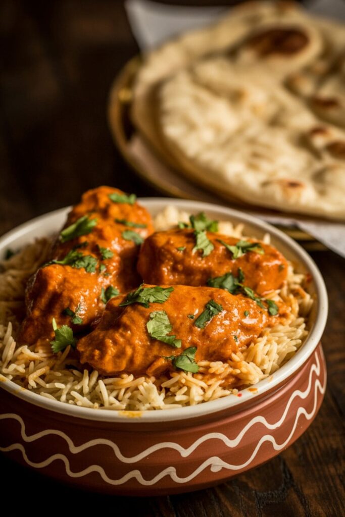 Chicken tikka masala bowl with basmati rice, fresh cilantro, and naan bread