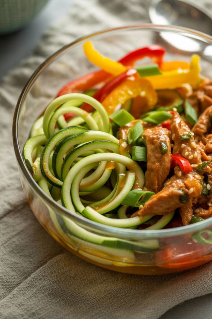 Chili garlic chicken served over zucchini noodles with bell peppers, green onions, and sesame oil
