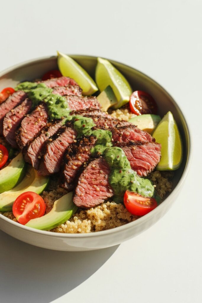 Chimichurri steak bowl with quinoa, avocado slices, tomatoes, and fresh chimichurri
