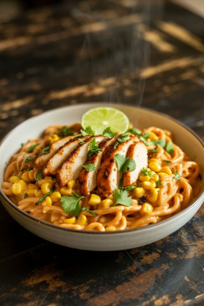 Chipotle chicken pasta with corn, penne, and cilantro in a smoky cream sauce