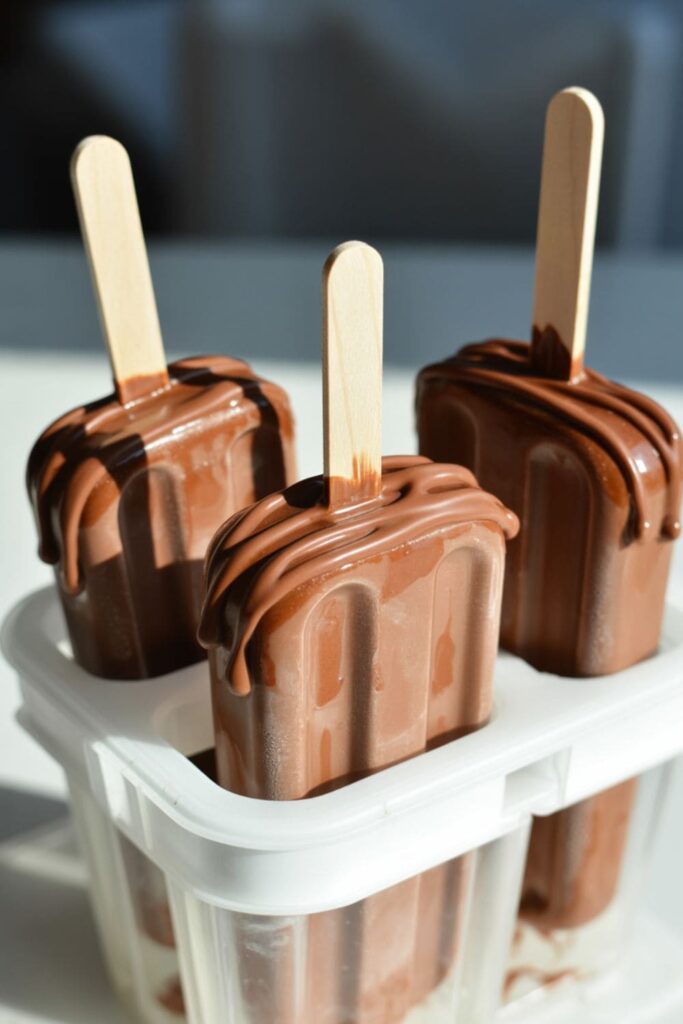 Chocolate Nutella popsicles on a tray with scattered hazelnuts