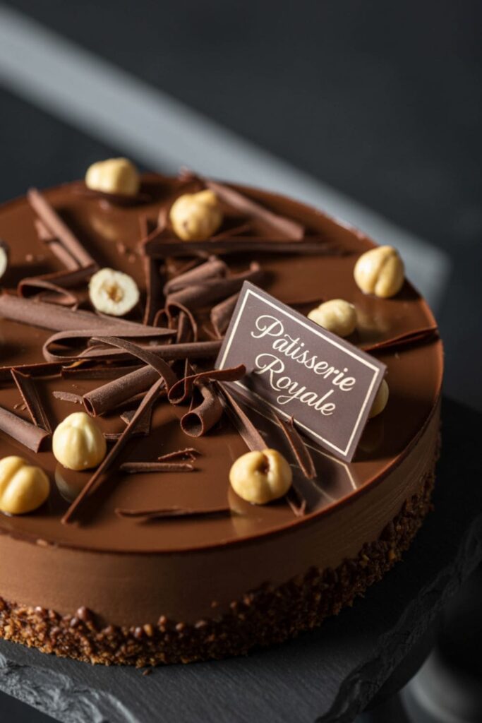 Chocolate hazelnut mousse pie topped with chocolate curls and nuts