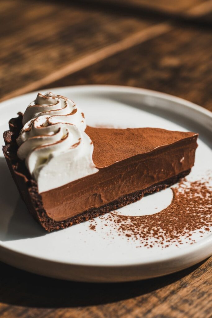 Classic no bake chocolate pie with whipped cream topping on a chocolate crust