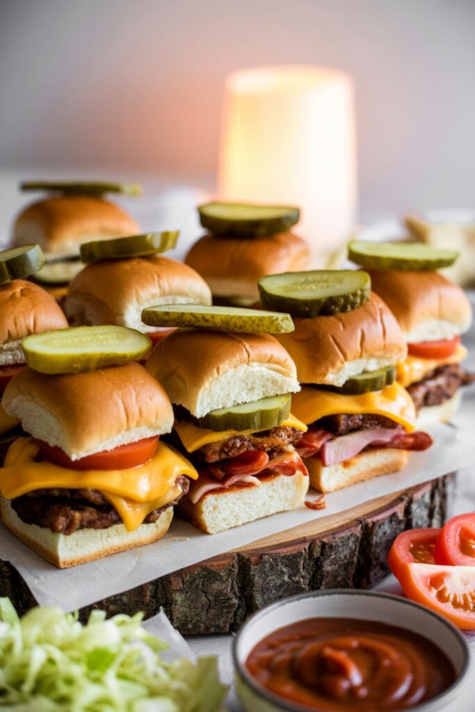 Close-up of mini burgers with cheese, pickles, and buns arranged on a wooden serving tray
