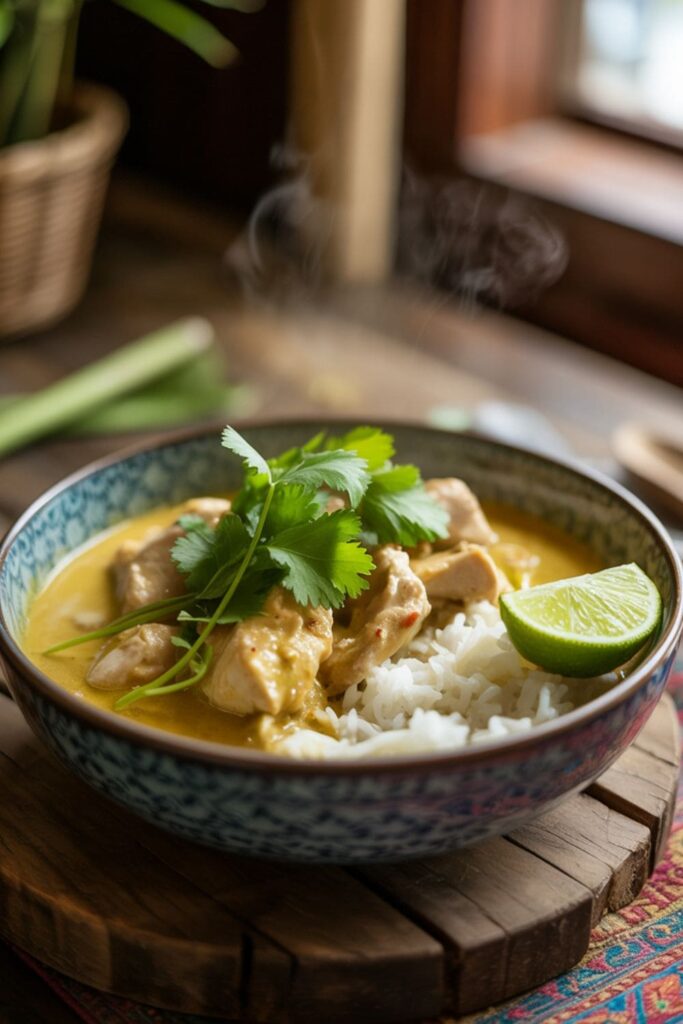 Coconut curry chicken bowl with jasmine rice, cilantro, and a slice of lime