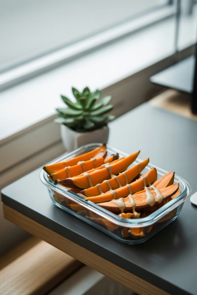 Cold roasted sweet potato wedges with tahini drizzle in a meal prep container