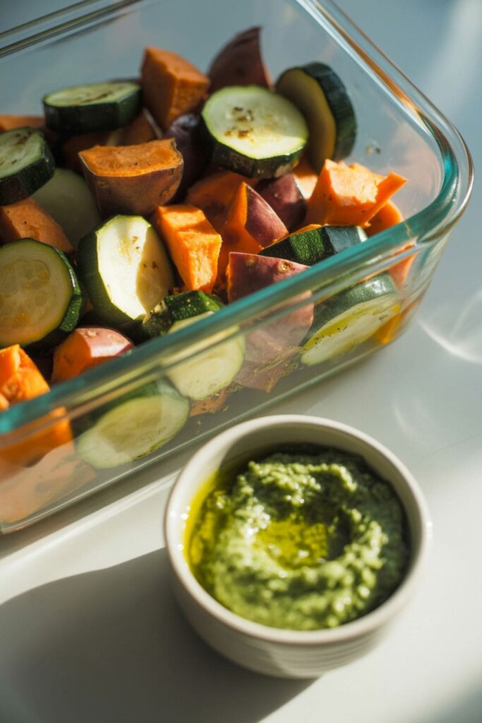 Cold roasted sweet potatoes, cauliflower, and zucchini in a bowl with a side of tzatziki