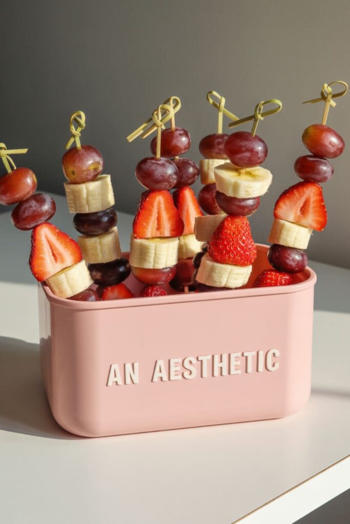 Colorful fruit skewers with grapes, strawberries, and banana slices in a lunchbox