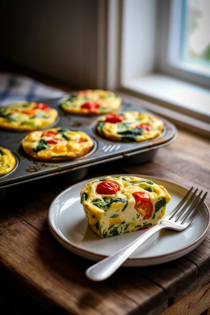 Colorful mini veggie frittatas baked in a muffin tin with one on a plate