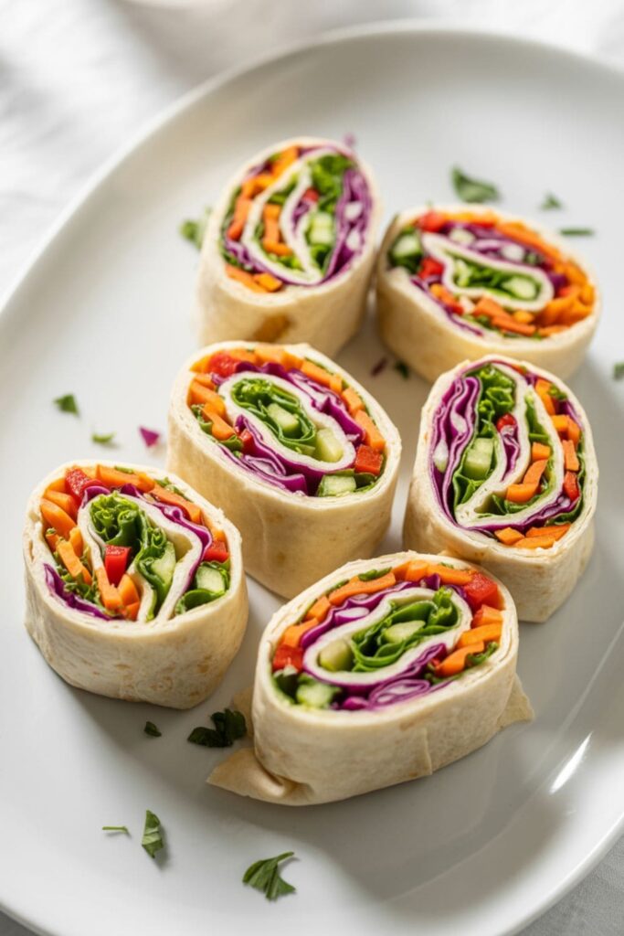 Colorful rainbow veggie wraps sliced into pinwheels and arranged on a white platter