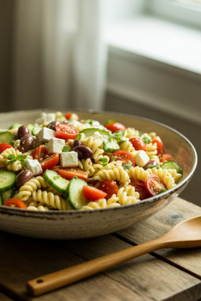 Colorful veggie pasta salad with rotini, cherry tomatoes, cucumbers, olives, and feta in a large bowl