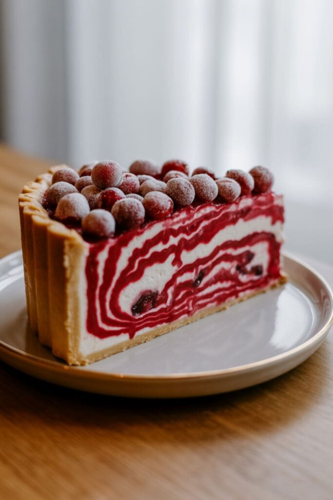 Cranberry cream pie with sugared cranberries and festive winter styling