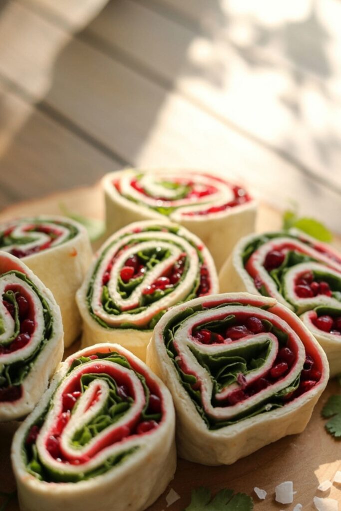 Cranberry feta pinwheels sliced and neatly arranged on a white platter for serving