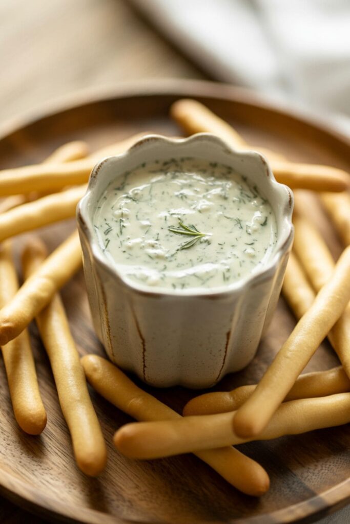 Creamy dip surrounded by breadsticks on a colorful snack plate