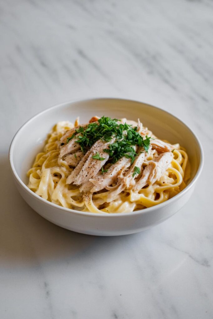 Creamy fettuccine Alfredo topped with shredded rotisserie chicken and sprinkled with parsley