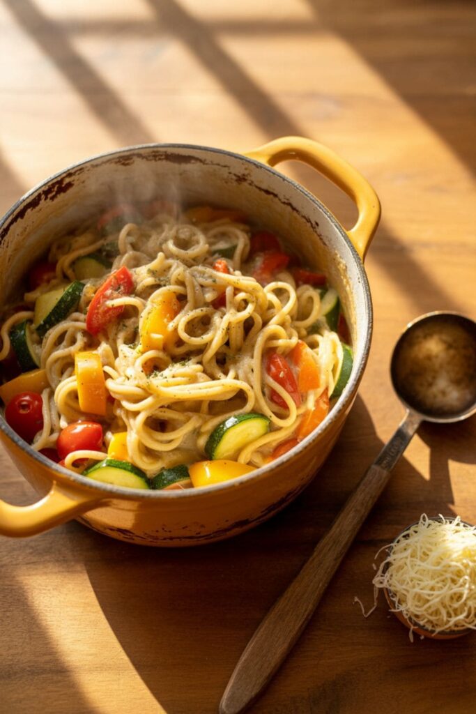 Creamy one-pot pasta with vegetables served in a rustic pot on a wooden table
