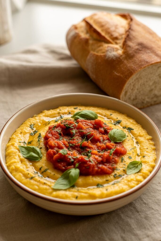 Creamy polenta topped with marinara sauce and served with crusty bread