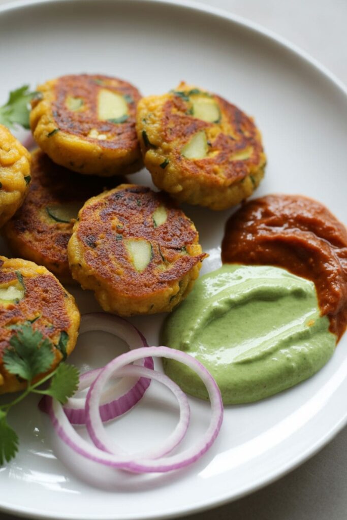 Crispy aloo tikki served with tamarind and mint chutney on a white plate