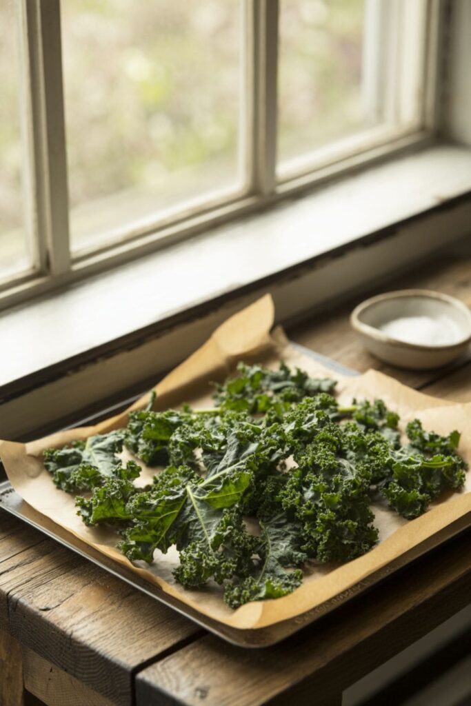 Crispy baked kale chips on a baking tray with a light dusting of sea salt