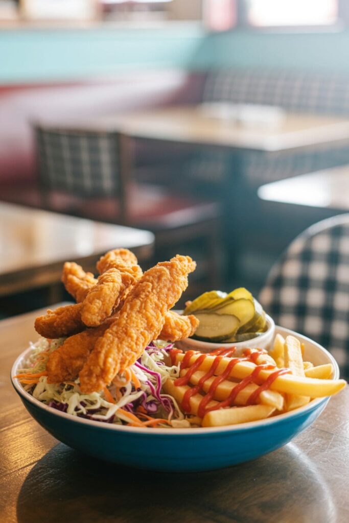 Crispy chicken and slaw bowl served with pickles, spicy mayo, and warm rice
