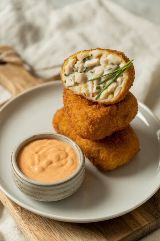 Crispy chicken croquettes stacked on a plate with green onions and dipping sauce on the side