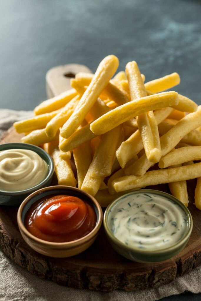 Crispy potato dippers with garlic mayo, spicy ketchup, and herbed yogurt