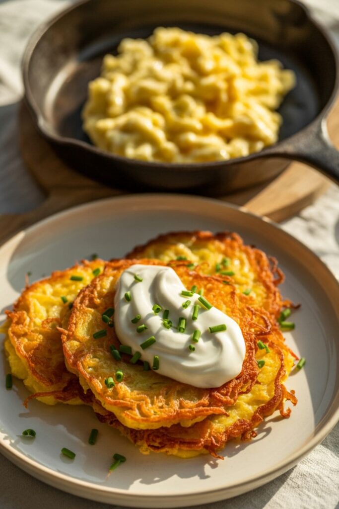 Crispy potato rosti rounds topped with sour cream and fresh chives
