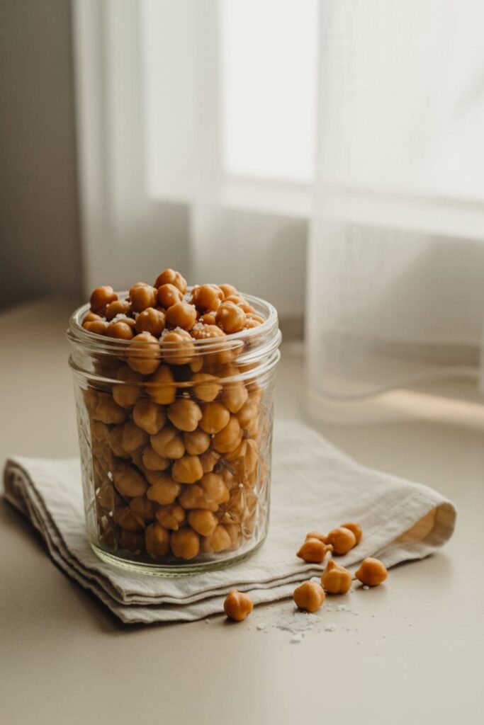 Crispy roasted chickpeas in a glass jar with scattered pieces on a white surface