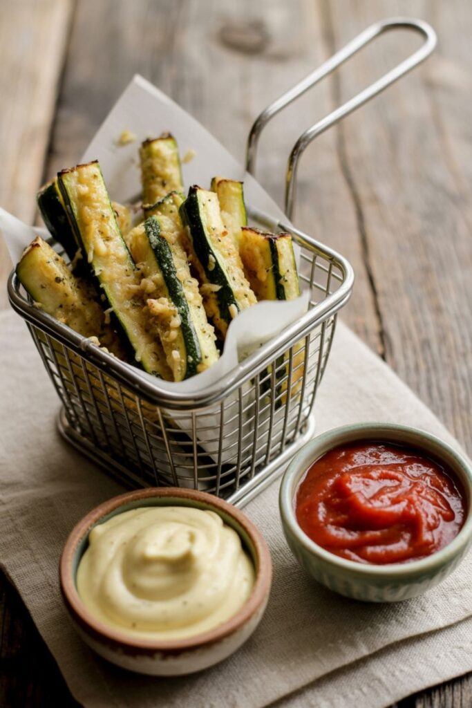 Crispy zucchini fries in a metal basket with garlic mayo and marinara sauce for dipping