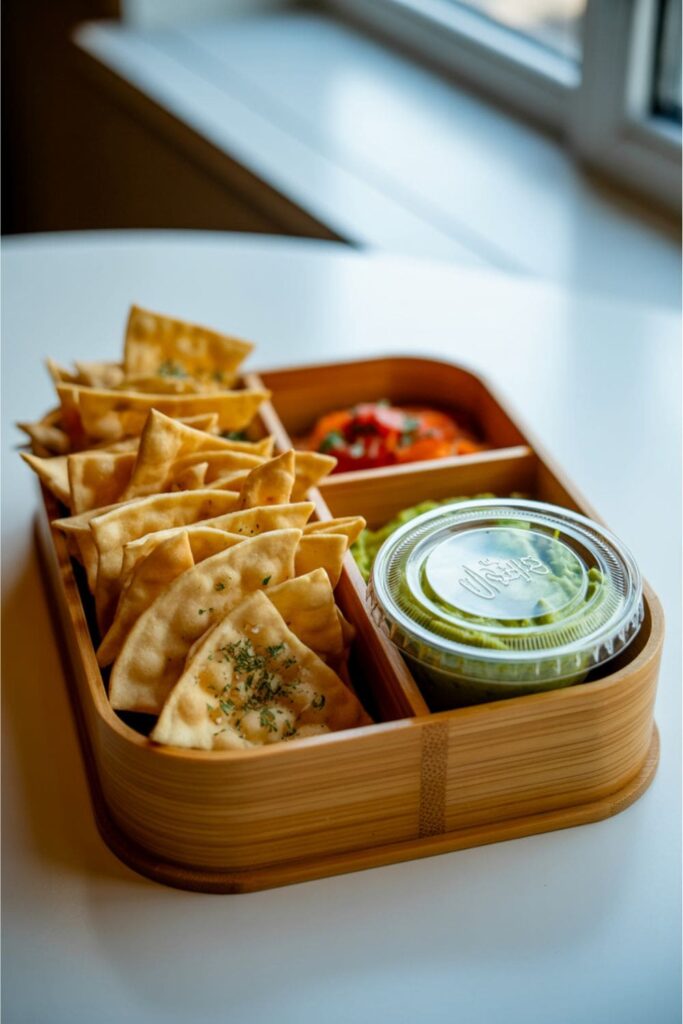Crunchy pita chips with a small container of guacamole in a school lunchbox
