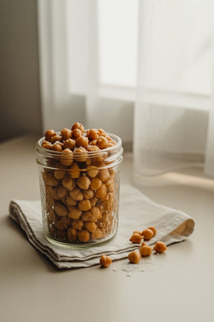Crunchy roasted chickpeas scattered on a wooden surface with seasoning visible nearby