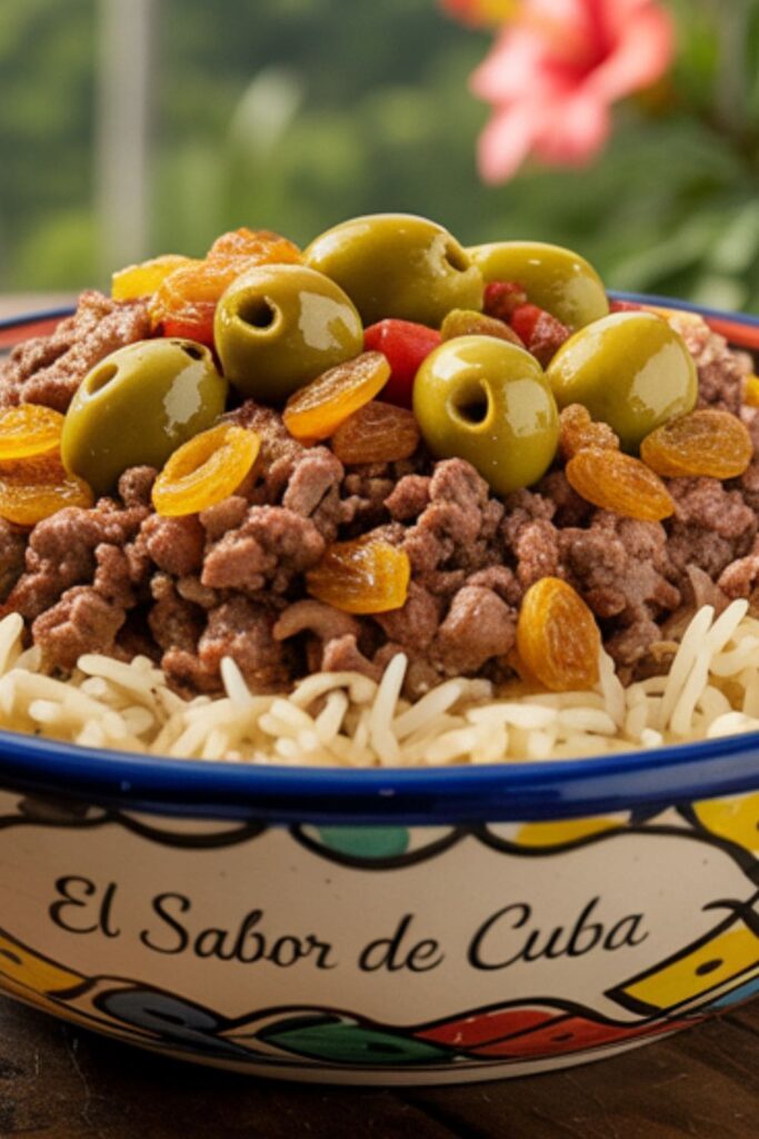 Cuban beef picadillo bowl with rice, green olives, raisins, and plantains