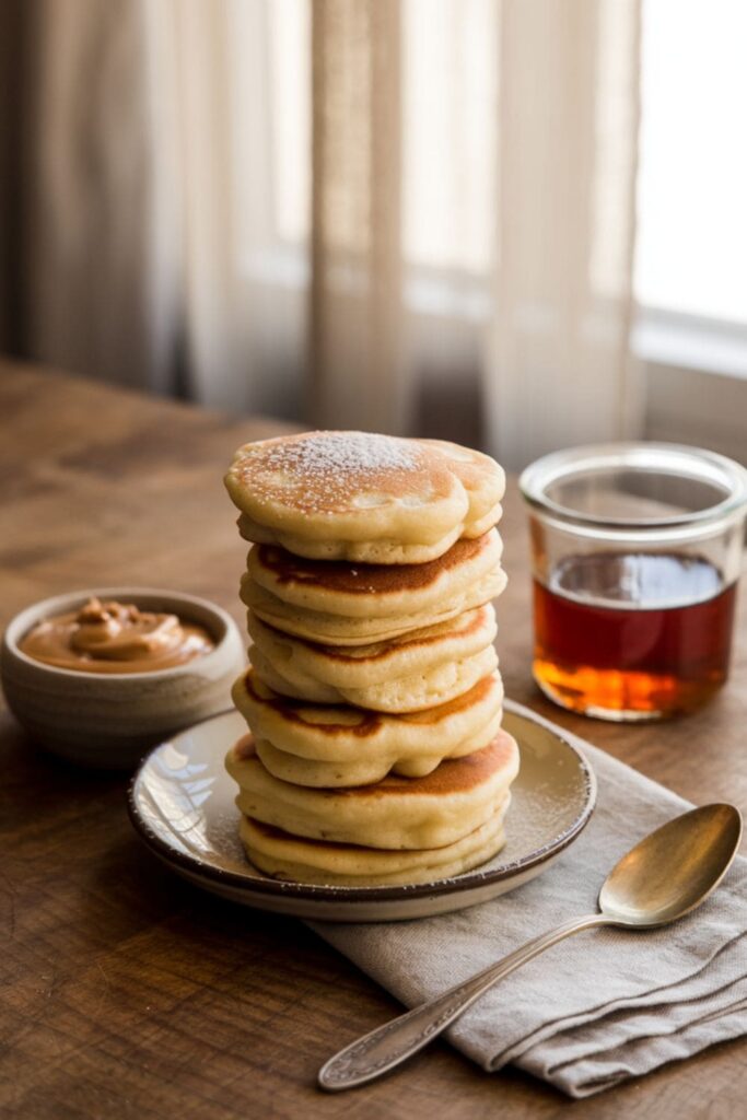 Cut-up pancake squares served with peanut butter and syrup on the side