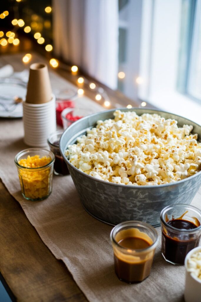 DIY popcorn bar with plain popcorn and topping jars including cheese powder and caramel drizzle