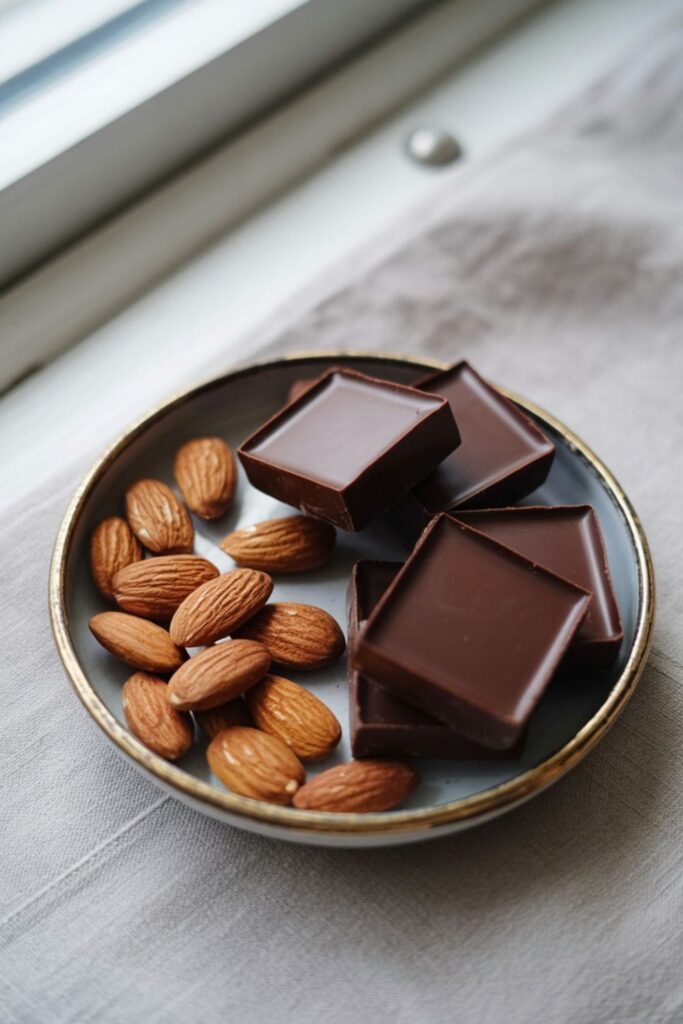 Dark chocolate squares placed next to a small pile of almonds on a marble surface