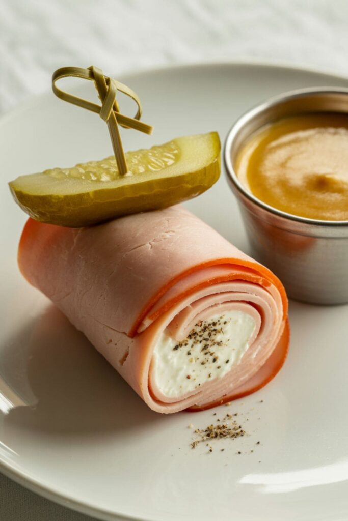 Deli turkey rolled with cream cheese and cucumber slices, secured with toothpicks
