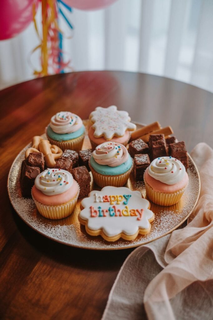 Dessert tray with mini cupcakes, cookies, brownie bites, and chocolate-covered pretzels