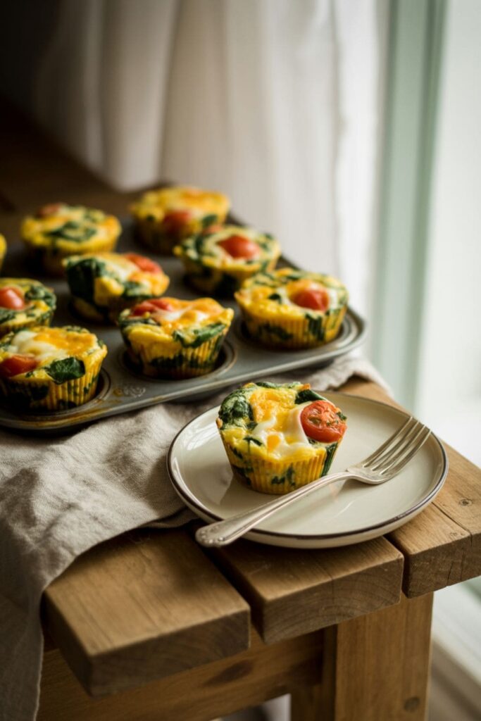 Egg muffins baked with spinach, tomatoes, mushrooms, and cheese served on a rustic plate