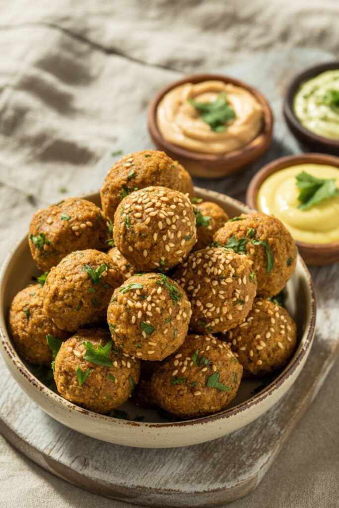 Falafel balls served with tahini and garlic sauces on a platter with fresh parsley garnish
