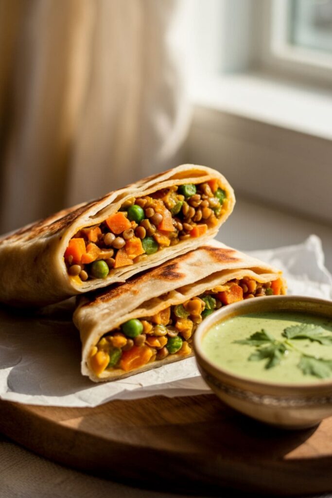 Flatbread wraps filled with spiced vegetables and lentils, served with chutney