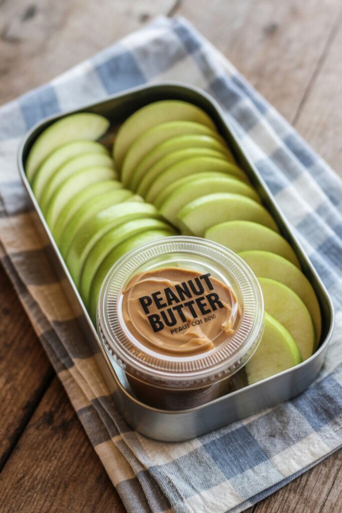 Fresh apple slices in a container with a small cup of peanut butter for dipping