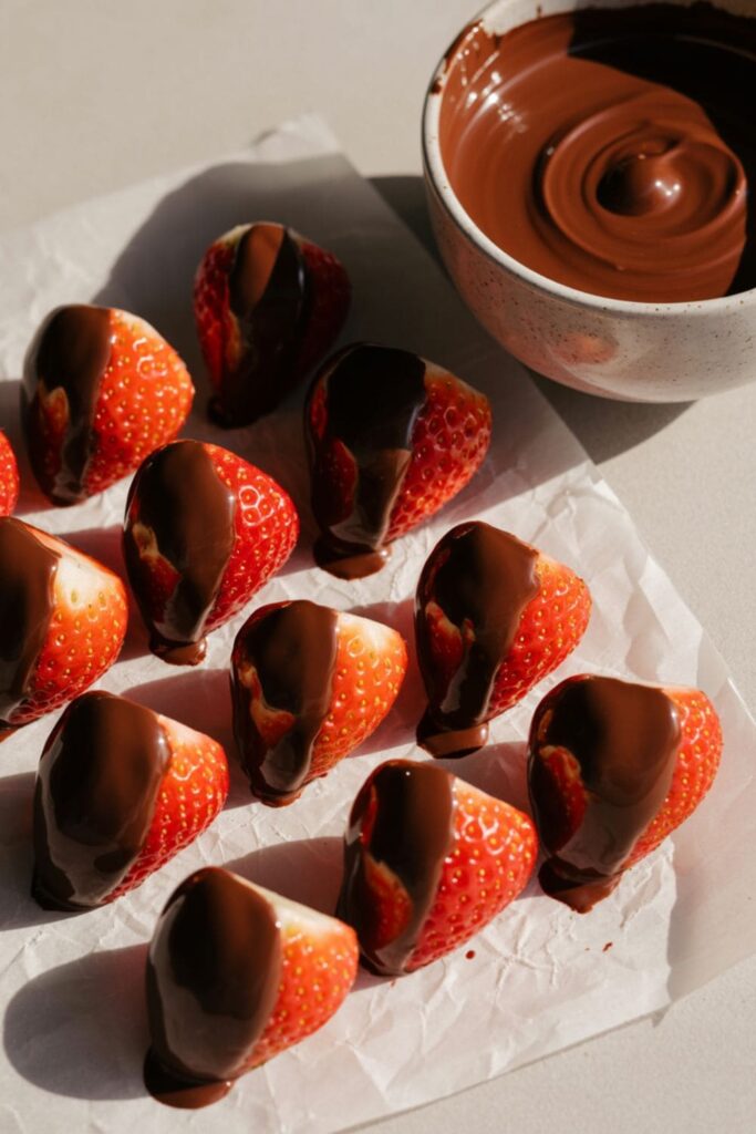 Fresh strawberries dipped in chocolate on parchment paper