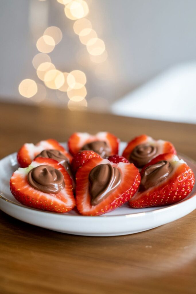 Fresh strawberries filled with Nutella, arranged on a white plate